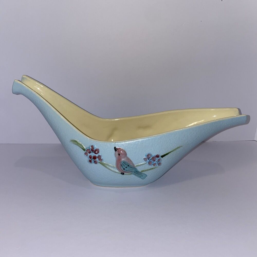 Vintage Hull Pottery S9 Long Vase '57 Hand-Painted Birds & Flowers –Blue Ceramic